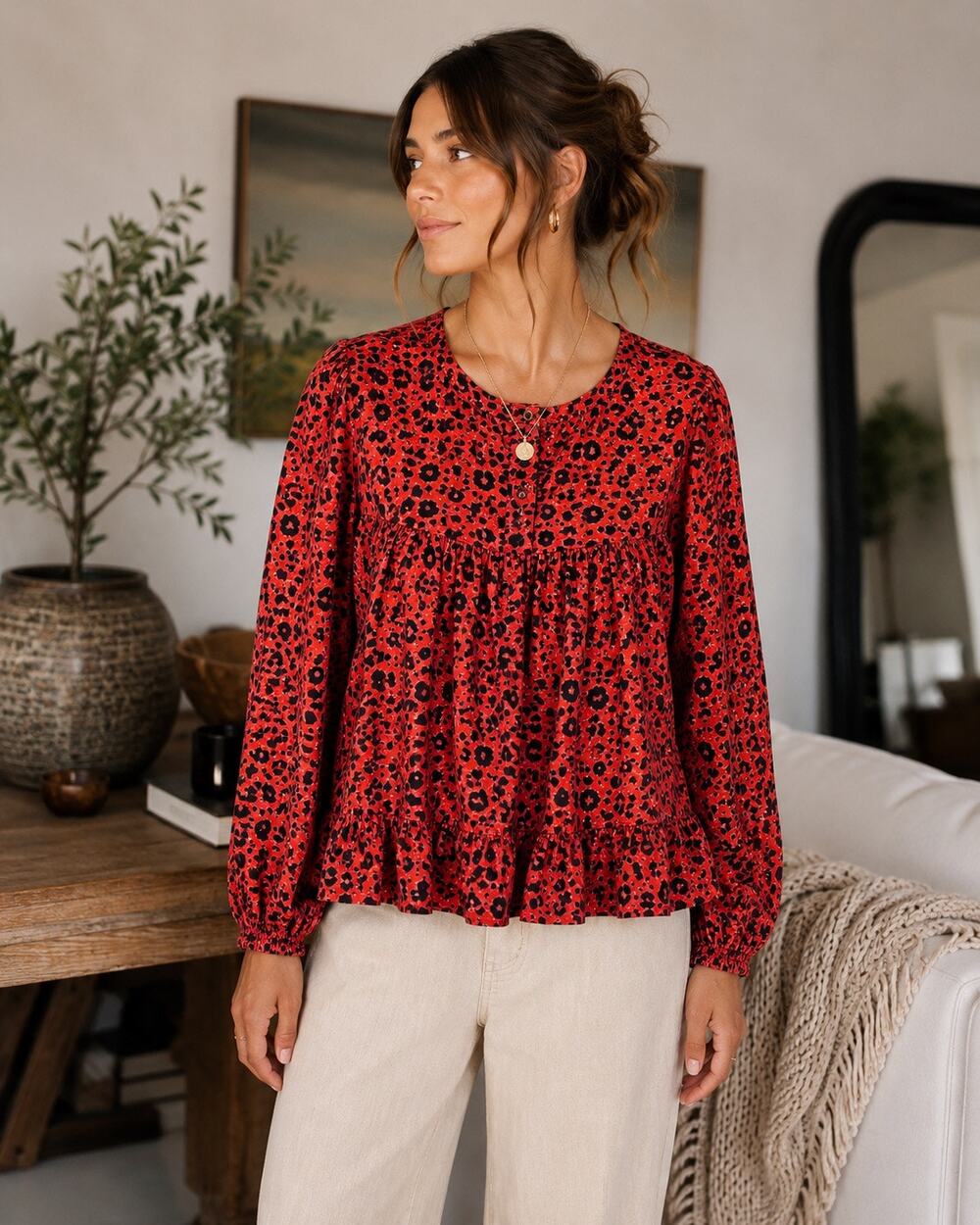 Xirena Tomato Red Abstract Spot Print Cotton Tiered Blouse Size M